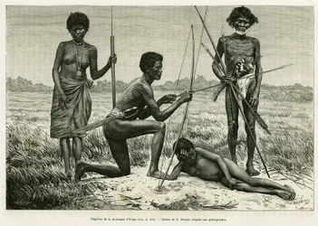 Negritos z góry Yriga. Grawerowanie autorstwa E.Ronjata ilustrujące historię Lucon i Palaouan, sześć lat na Filipinach, Alfreda Marche (1844-1898), in le tour du monde 1886, reżyseria Edouard Charton (1807-1890), Hachette, Paryż.