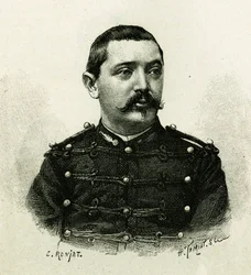 Portret kapitana Pietriego z artylerii morskiej podczas wyprawy do Afryki 1879-1882 pod dowództwem Gallieniego. Grawer E. Ronjata, z fotografii, ilustrujący historię „Exploration du Haut Niger (Haut Niger)” (dzisiejsze Mali) autorstwa