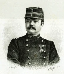 Portret kapitana Valliere z piechoty morskiej, podczas wyprawy do Afryki pod dowództwem Gallieniego. Grawer E.Ronjata, po fotografii, ilustrujący historię „Exploration du Haut Niger (Haut Niger)” (dzisiejsze Mali) Komandora