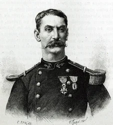 Portret komandora Josepha Gallieniego podczas wyprawy do Afryki (1879-1882). Grawer E. Ronjata po fotografii, ilustrujący opowiadanie „Exploration du Haut Niger (Haut Niger)” (dzisiejsze Mali) przez komandora Josepha Gallieniego (1849-1916)