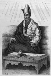 Portret „”Chutukchy””, arcykapłana Tybetu w latach 1870-1880. Grawer według rysunku Ronjata, w „”Le Tour du Monde, Nouveau journal des Voyages””, pod redakcją Edouarda Chartona, Paryż