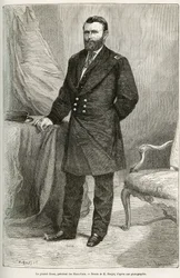 Portret Ulyssesa Granta (1822-1885), amerykańskiego generała, dowódcy wojsk Unii podczas wojny secesyjnej i 18. prezydenta Stanów Zjednoczonych przez dwie kadencje, od 1869 do 1877 roku. Rycina według rysunku E. Ronjata, ilustrująca opowieść