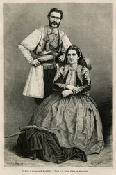 Portrety księcia Czarnogóry Mikołaja I Petrovicia-Niegosza (1841-1921) i jego żony Mileny z domu Vukotić (1847-1923), rysunek E. Ronjata ilustrujący podróż Charles