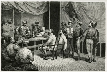 Przyjęcie podróżnych w pałacu sułtana Soulou (lub Sulu) (archipelag Filipin), Mohammed Yamalul Alam. Grawer autorstwa E.Ronjata, aby zilustrować historię „”Podróż na Filipiny””