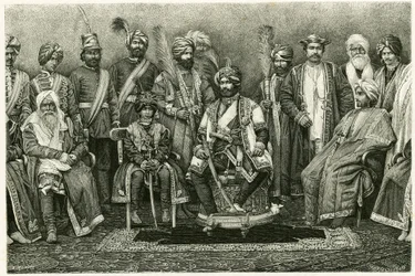Kaszmirski maharadża, Rambhir Sing i jego dwór. Grawer autorstwa E. Ronjata, ilustrujący historię „Portret paryżanki w Himalajach Zachodnich”, w 1881 r. autorstwa Marie de Ujfalvy-Bourdon (Ujfalvy Bourdon). Opublikowano w Tour du monde, 2 semestr