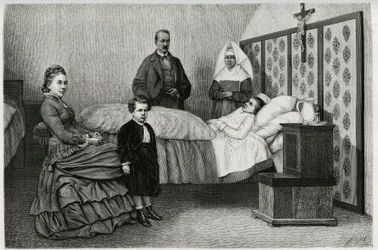 Konsultacja lekarska w hospicjum Logelbach. Grawer E.Ronjata, ilustrujący opowieść „Przez Alzację i Lotaryngię””, w 1884 r. autorstwa Charlesa Grada (1842-1890), niemieckiego zastępcy, pisarza i przyrodnika. Opublikowano w Le Tour du monde, nouveau journal