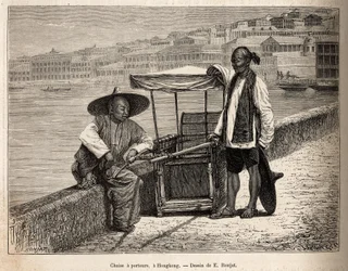 Dwóch tragarzy odpoczywa obok swojego wózka inwalidzkiego w Hongkongu, grawerowanie według rysunku E. Ronjata ilustrującego podróż do Chin, autorstwa J. Thompsona, w latach 1870-1872, opublikowany w „Le tour du monde”” 1875, pod redakcją Edouard Charton, w
