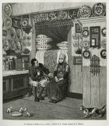 Un interieur à Marken (Pays Bas), rycina według rysunku E.Ronjata, ilustrująca historię Neerlande, autorstwa Charlesa de Coster, w 1878 r., opublikowana w tour du monde, pod kierunkiem Edouarda Chartona