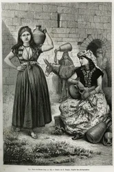 Kobiety niosące dzbany w pobliżu studni Hirama w Tyrze. Grawer E.Ronjata, aby zilustrować historię La Syria d