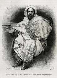 portret Abd El Kadera (1808-1883) algierskiego emira i sułtana, sufickiego teologa, polityka i wojskowego oporu wobec francuskiej armii kolonialnej, a także pisarza, poety i filozofa. Grawerowanie E.Ronjata, aby zilustrować historię La Syria d
