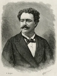 portret autora i podróżnika Edmondo de Amicis (1846-1908), włoskiego pisarza, rycina E.Ronjata, ilustrująca historię Maroka autorstwa Edmondo de Amicis, w 1875 r., opublikowana w tour du monde, pod kierunkiem Edouarda Charton
