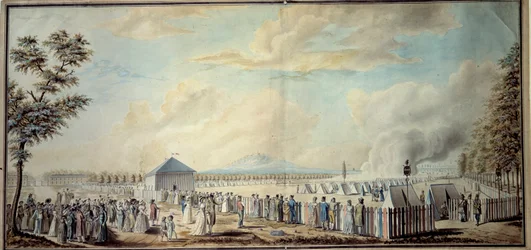 Rewolucja francuska: „”Obóz wojskowy Szkoły Marsa przyszłych kierowników armii republikańskiej”” Akwarela autorstwa Etienne Bericourt (XVIII wiek) 1794 Paryż, B.N.
