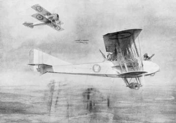 Trzymiejscowy samolot w misji fotograficznej, chroniony przez myśliwiec Spad, 1918 1926.