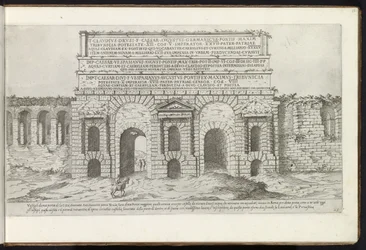 Porta Maggiore w Rzymie Bouwwerken uit de oudheid (tytuł serii) Ślady starożytności Rzymu zebrane i portrety w perspektywie autorstwa Stefano Du Perac Parisino (tytuł serii na obiekcie)