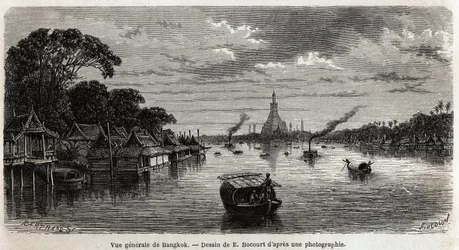 Ogólny widok Bangkoku (Tajlandia), rysunek E. Bocoura, ilustrujący podróż Henri Mouhota do królestw Syjamu, Kambodży i Laosu w latach 1858-1861. Grawer w „”Le tour du monde””, pod redakcją Edouarda Chartona