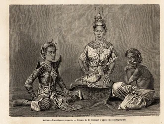Syjamscy artyści dramatyczni, rysujący E. Bocoura, ilustrujący podróż Henri Mouhota do królestw Syjamu, Kambodży i Laosu w latach 1858-1861. Grawerowanie w „”Le tour du monde””, pod redakcją Edouarda Chartona