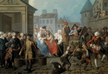 Karnawał na ulicach Paryża Detal. Obraz Etienne Jeaurat (1699-1789) 1757. Wym. 0,65 x 0,82m Paryż, muzeum Carnavalet