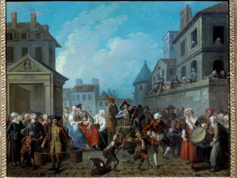 Karnawał na ulicach Paryża Obraz Etienne Jeaurat (1699-1789) 1757. Wymiary 0,65 x 0,82 m Paryż, Musee Carnavalet