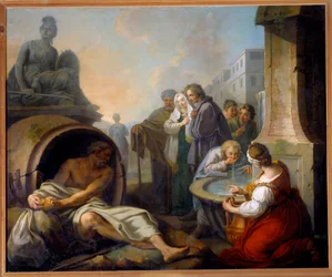 Diogene łamiący swój ekularz Diogene z Synopy zwany cynikiem (413-327 pne), grecki filozof, porzuca ekularę po tym, jak zobaczył dziecko pijące wodę w jego dłoniach przy fontannie. Obraz Etienne Jeaurat (1699-1789) XVIII w. Niedz. 1,62x1,95m Paryż,