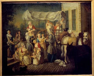Przybycie pielęgniarek Obraz Etienne Jeaurat (1699-1789) Laon z XVIII wieku, muzeum miejskie