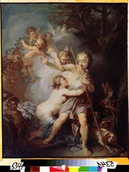 „Wenus i Adonis” (Wenus i Adonis) Obraz Etienne Jeaurat (1699-1789) Około 1750 r. Moskwa, Muzeum Puszkina