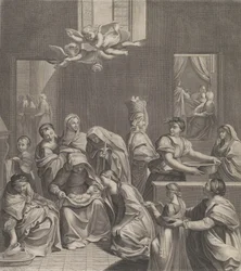 Narodziny Matki Boskiej, siedząca kobieta z niemowlęciem na kolanach, liczne kobiety wokół..., 1677.