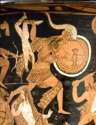 Starożytność etruska: krater dzwonowaty przedstawiający zniszczenie Troi: detal ukazujący Neoptolemosa zrzucającego z murów Astyanaksa, syna Hektora. Z Falerii Veteres (Civita Castellana). 350-300 p.n.e. Rzym, Museo Nazionale di Villa Giulia