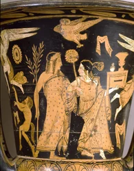 Starożytność etruska: krater dzwonowaty przedstawiający zniszczenie Troi: detal z Dionizosem i Ariadną. Z Falerii Veteres (Civita Castellana). 350-300 p.n.e. Rzym, Museo Nazionale di Villa Giulia
