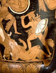 Starożytność etruska: krater dzwonowaty przedstawiający zniszczenie Troi: detal przedstawiający Priama zabitego przez Neoptolemosa. Z Falerii Veteres (Civita Castellana). 350-300 p.n.e. Rzym, Museo Nazionale di Villa Giulia