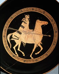Starożytność etruska: detal kyliksu przedstawiającego jeźdźca. Z Falerii Veteres (Civita Castellana), V wiek p.n.e. Rzym, Museo Nazionale di Villa Giulia