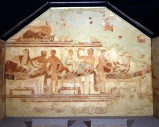 Scena bankietowa. Fresk na ścianie grobowca etruskiego zwany „grobem łodzi” (della nave). Tarquinia 470-400 pne