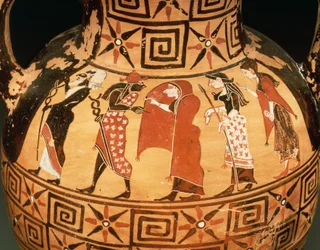 Amfora czarnofigurowa przedstawiająca Sąd Paryski (ceramiczna)