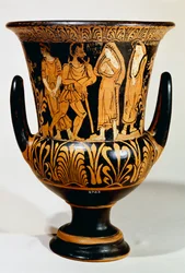 Calyx-krater (duży wazon) autorstwa Turmuca Paintera przedstawiający scenę z podziemi z Charonem i dziewczynami. Ceramika czerwonofigurowa z Vulci (Lazio). Cywilizacja etruska, 330-300 p.n.e.