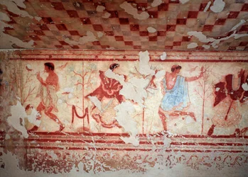 Tancerze i muzycy podczas bankietu. Freski Tomba del triclinium, V wiek pne