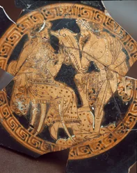 Starożytność etruska: detal kyliksu przedstawiającego Posejdona i Amfitrytę. Z Falerii Veteres (Civita Castellana), VI wiek p.n.e. Rzym, Museo Nazionale di Villa Giulia