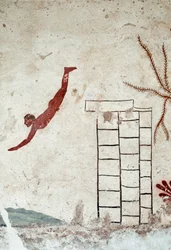 Sztuka etruska: młody pływak nurkujący. Fresk grobu „nurka”. Szczegół. Z południowego cmentarza Paestum. 480-470 pne. Museo Archeologico Nazionale, Paestum