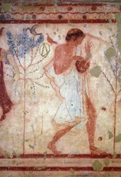 Sztuka etruska: freski przedstawiające sceny uczt, detal przedstawiający lirnika. Grobowiec Triclinium. V wiek p.n.e. Narodowe Muzeum Archeologiczne w Tarquinii, Włochy