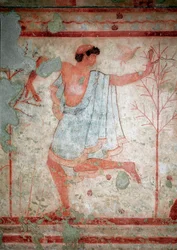 Sztuka etruska: freski przedstawiające sceny bankietowe, detal przedstawiający tancerza. Grobowiec Triclinium. V wiek pne. Narodowe Muzeum Archeologiczne w Tarquinia Włochy