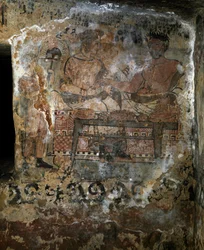 Cywilizacja etruska: Larth Velcha i jego żona Velia Seithi przedstawieni na uczcie na fresku z grobowca „Scudi” (Tomba degli Scudi), 340 p.n.e. Nekropolia Monterozzi, Tarquinia, Włochy
