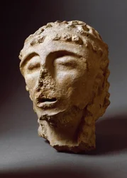 Cywilizacja etruska: głowa człowieka z terakoty. 550-530 pne. Z 2. Pałacu Murlo. Depositi Soprintendenza Archeologica del 
