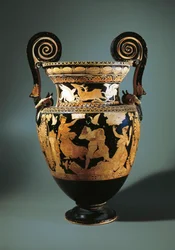 Włochy, Lacjum, Civita Castellana, Czerwonofigurowy krater wolutowy (wazon używany do mieszania wina i wody) przedstawiający Peleusa porywającego Tetydę, namalowany przez Aurora Painter, 360/340 p.n.e.