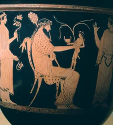 Krater (duży wazon) autorstwa malarza z Altamury, szczegół przedstawiający Dionizosa. Ceramika czerwonofigurowa. Cywilizacja etruska, V-4 pne.
