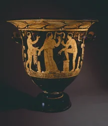 Krater (duży wazon) autorstwa Nepi Painter. Ceramika czerwonofigurowa z Corchiano (Lazio). Cywilizacja etruska, IV wiek p.n.e.