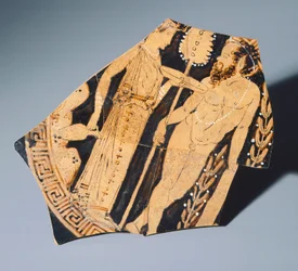 Kylix malarza Villia Giulii, fragment. Ceramika czerwonofigurowa. Cywilizacja etruska, IV wiek p.n.e.