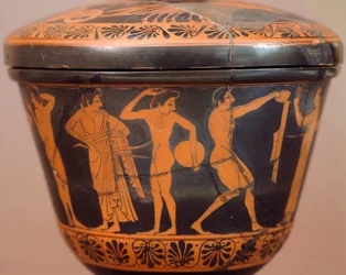 Pyxis ze sportowcami wykonującymi dyski i inne dyscypliny. Cerveteri czerwonofigurowe, z Cerveteri (Lazio). Cywilizacja etruska, IV wiek p.n.e.
