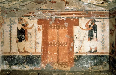 Dwie postacie witające się przy bramie symbolizujące wejście do królestwa Śmierci (Fresco, 530 p.n.e.)