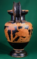 Krater wolutowy malarza z Moguncji, przedstawiający walkę wojownika z Amazonką. Ceramika czerwonofigurowa. Cywilizacja etruska, IV wiek p.n.e.