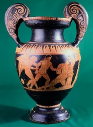 Krater wolutowy malarza z Moguncji, przedstawiający wojownika i amazonkę. Ceramika czerwonofigurowa. Cywilizacja etruska, IV wiek p.n.e.