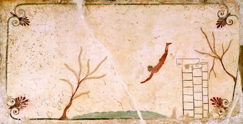 nurek, ok. 480-490 p.n.e., fresk dekoracyjny z płyty przykrywającej grobowiec nurka w Paestum, Kampania, Włochy, V w. p.n.e.