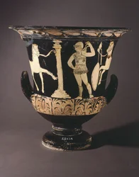krater (duży wazon) autorstwa malarza londyńskiego. Ceramika czerwonofigurowa z Gualdo Tadino (Umbria). Cywilizacja etruska, IV wiek p.n.e.